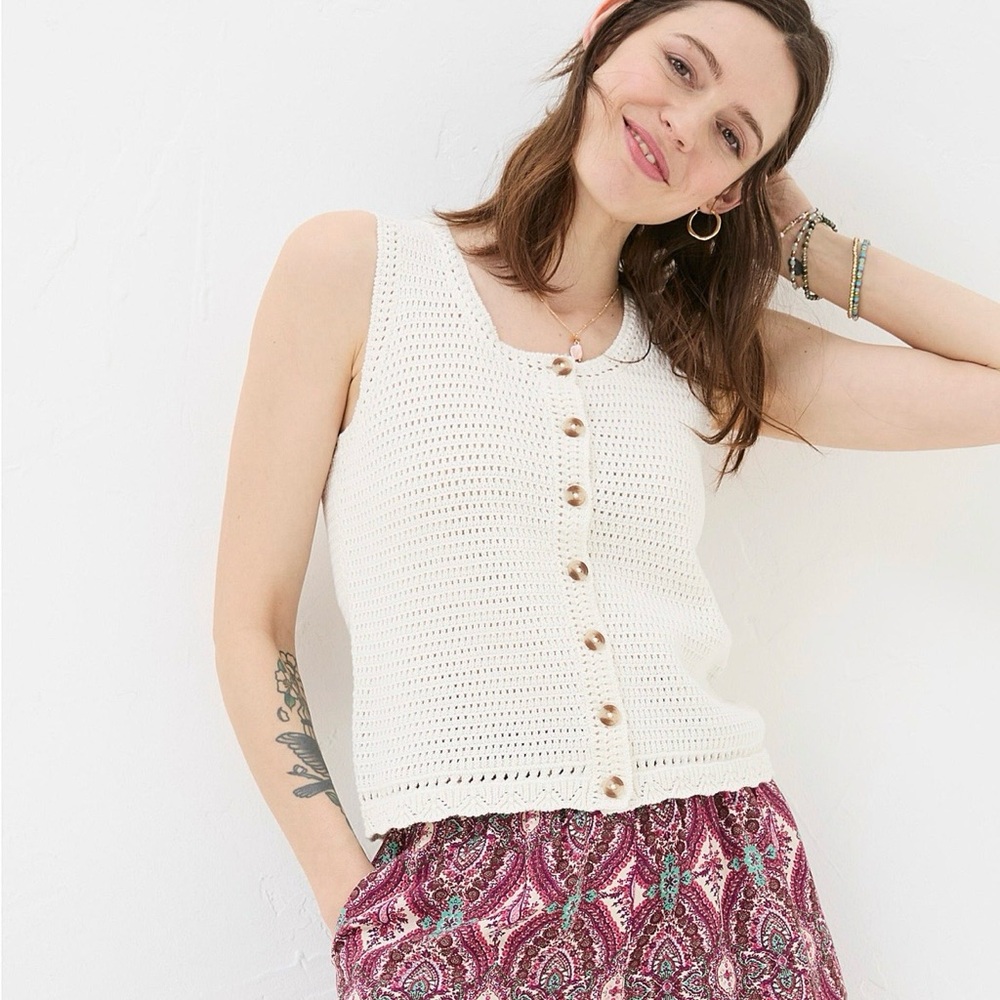 Women’s Anthropologie Fat Face Cream Sleeveless Knit Blouse Size 14 Large